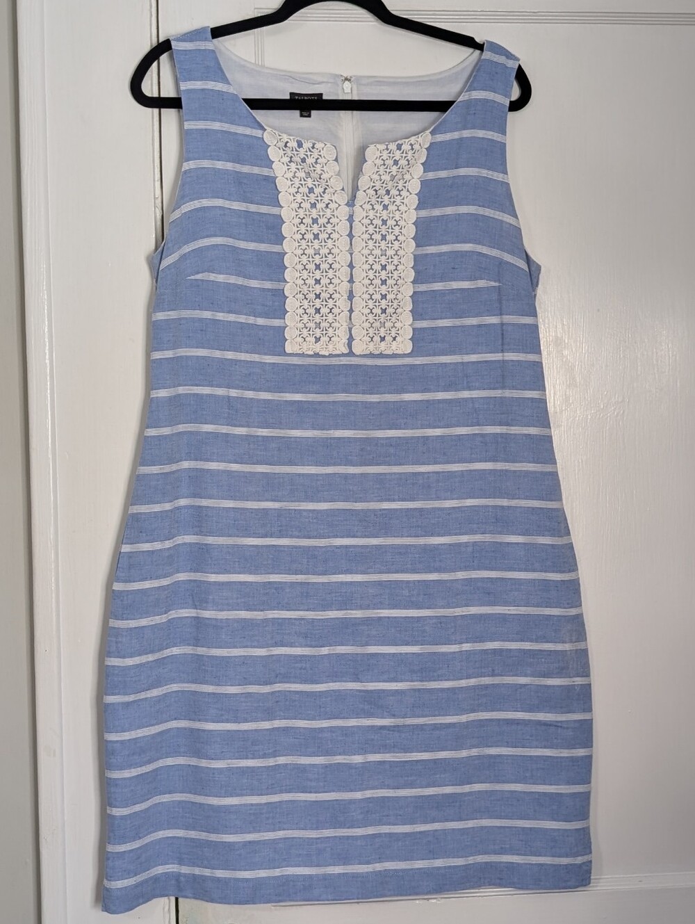Talbots Women's Sz 14 Blue/White Striped Linen Sheath Dress Embroidered Coastal